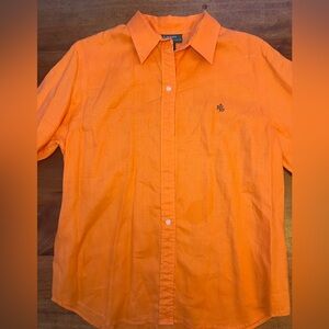 Ralph Lauren Women's Orange Button Up 100% LINEN  Shirt Blouse Sz L